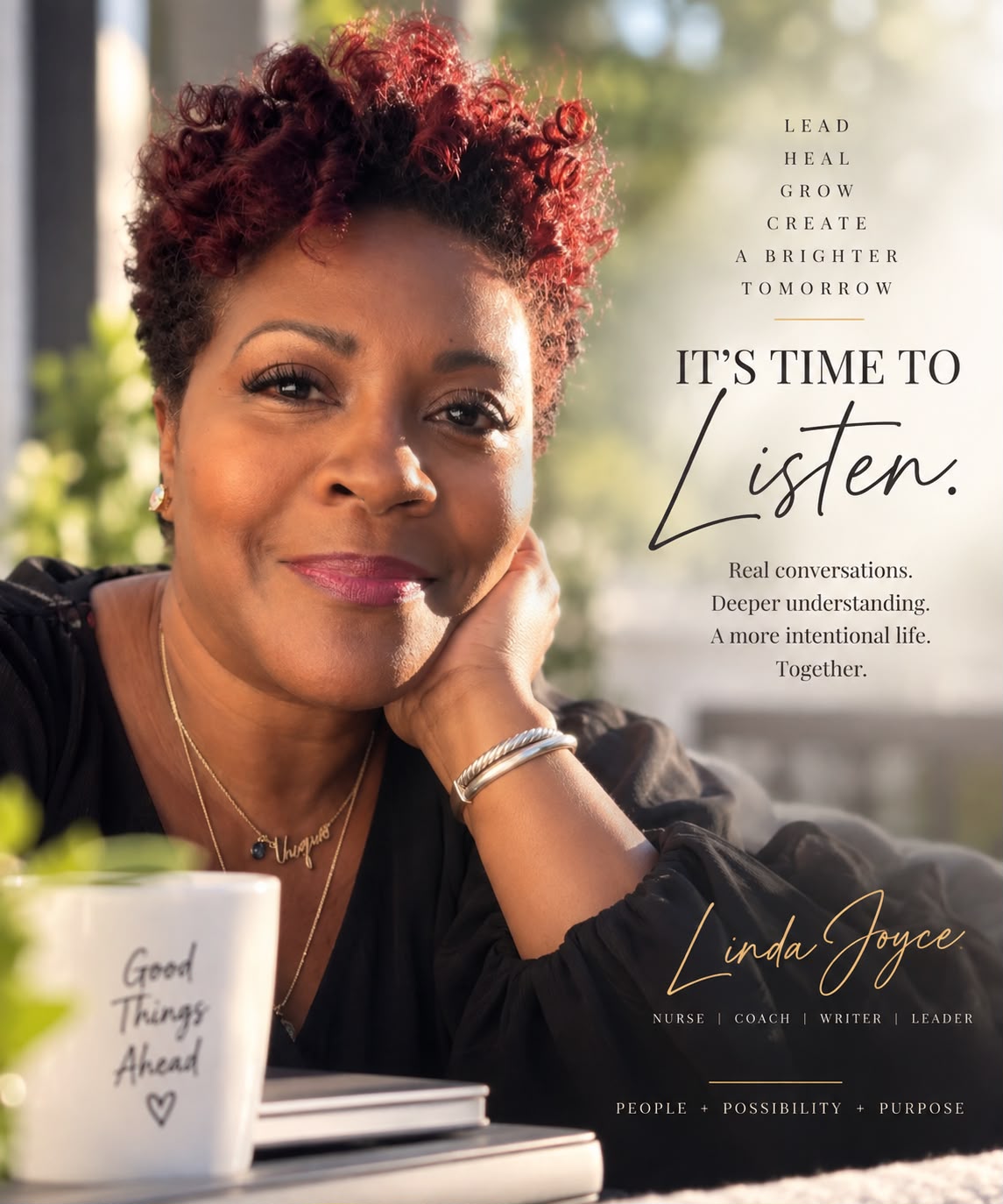 Linda Joyce smiling beside a message about listening, growth, and purposeful coaching