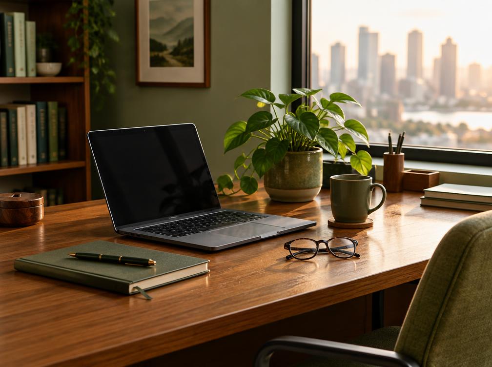 A calm home office desk with a laptop, notebook and plant beside a window