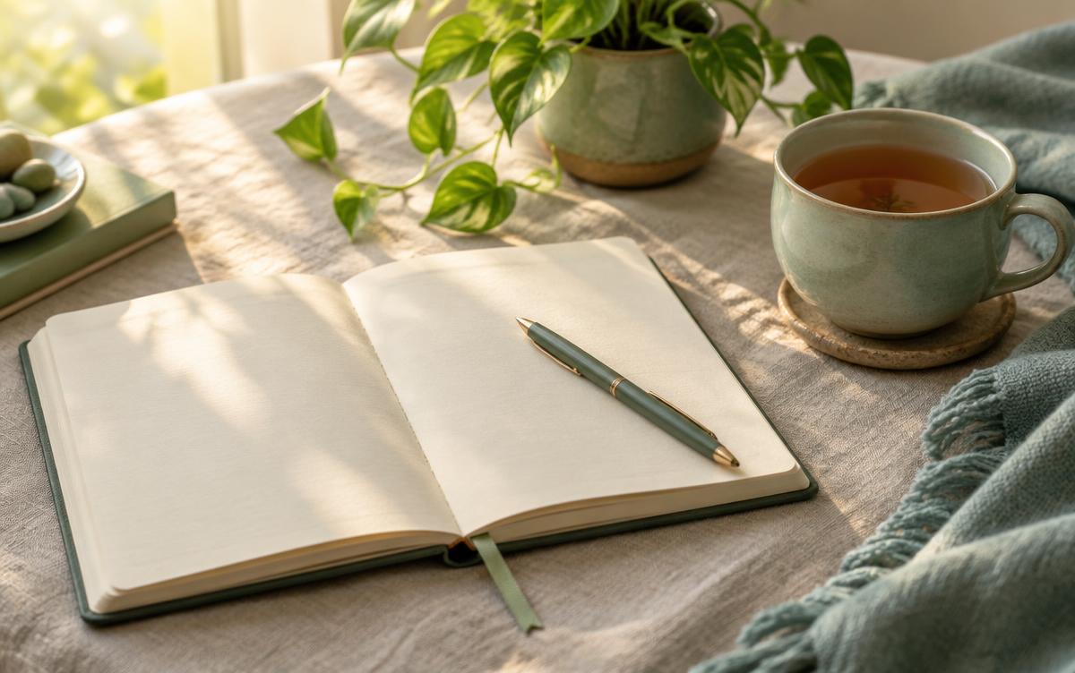 An open journal, pen, cup of tea and small plant in morning light