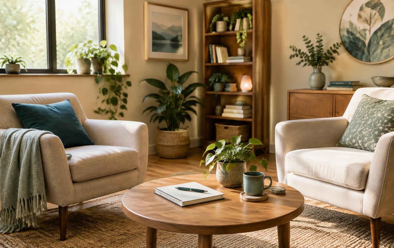 A sunlit coaching space with two comfortable chairs, plants and a notebook