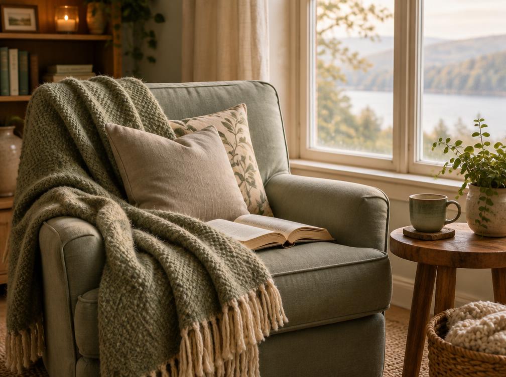 A sunlit armchair with a soft blanket, open book and cup of tea by a window