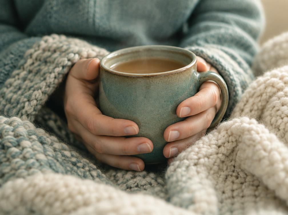 Hands wrapped around a warm ceramic mug under a knitted blanket