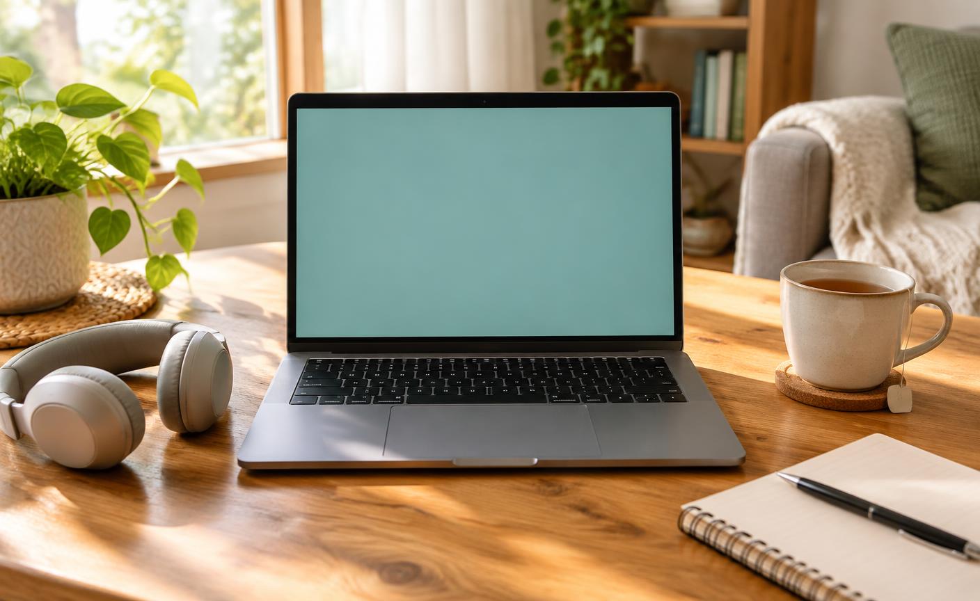 A laptop, headphones, notebook and tea set up at a sunlit table for a virtual coaching session